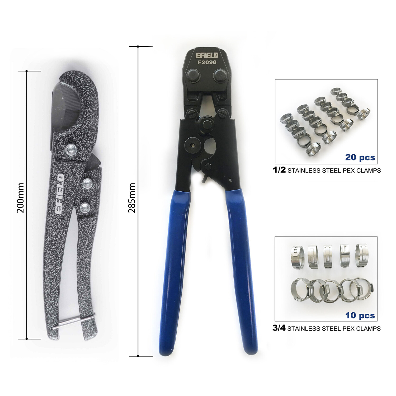 EFIELD PEX CINCH CLAMP CRIMPING TOOL & CUTTER,GAUGE+ 30 1/2″ ,3/4″ CLAMPS IN BAG