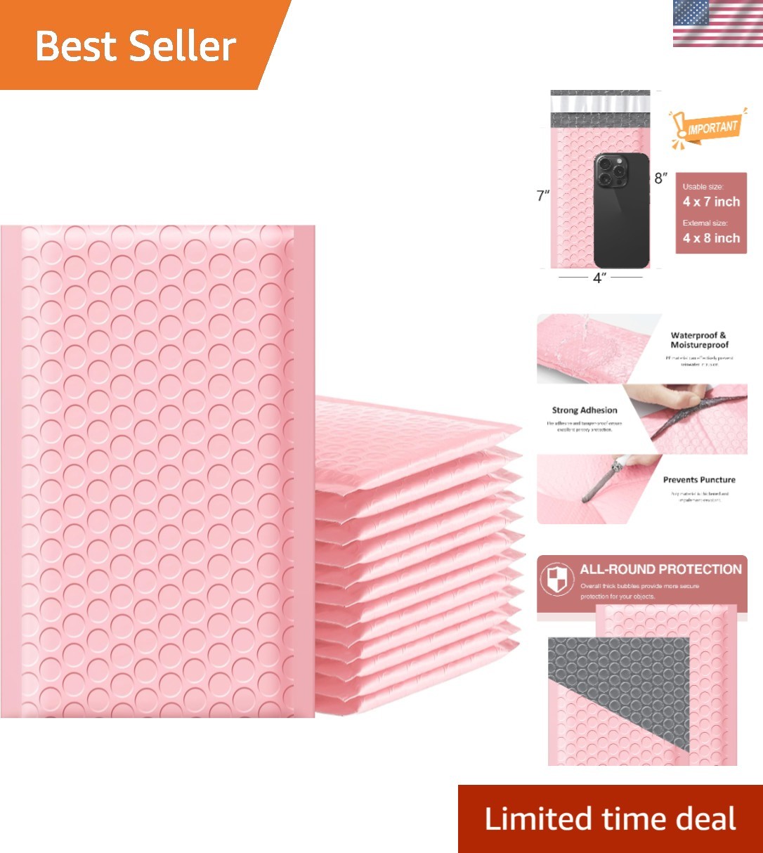 Durable 4×8 Bubble Mailers in Light Pink – 50 Pcs of Reliable Shipping Envelopes