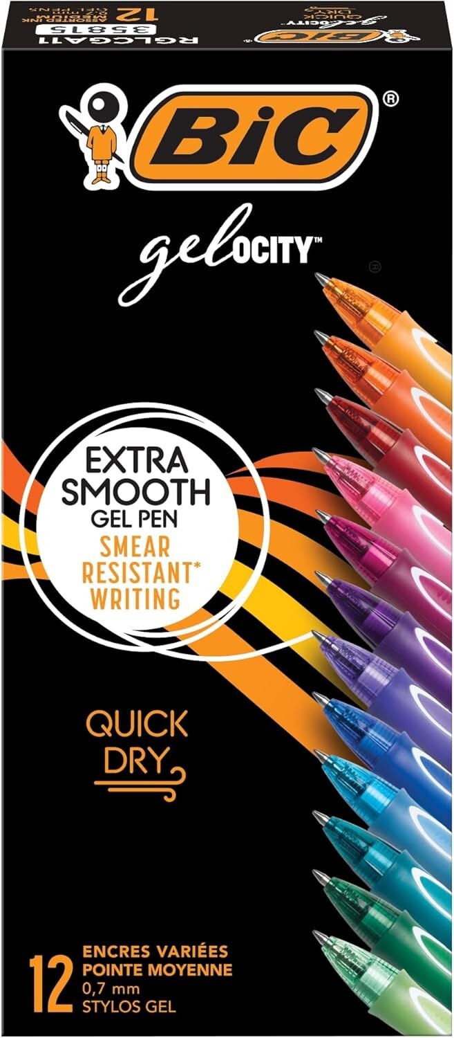 BIC Gelocity Quick Dry Assorted Colors Gel Pens, Medium Point (0.7Mm), 12-Count