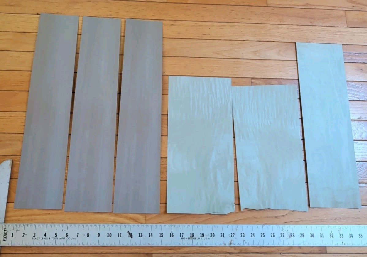 3 Pieces gray veneer 4 1/4″ x 21″ & 3 blue green pieces wood 1/42″ dyed