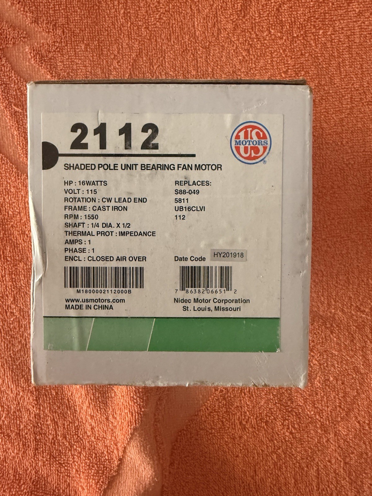 US Motors 16W 115V 1-Phase 1550 RPM Shaded Bearing Fan Motor