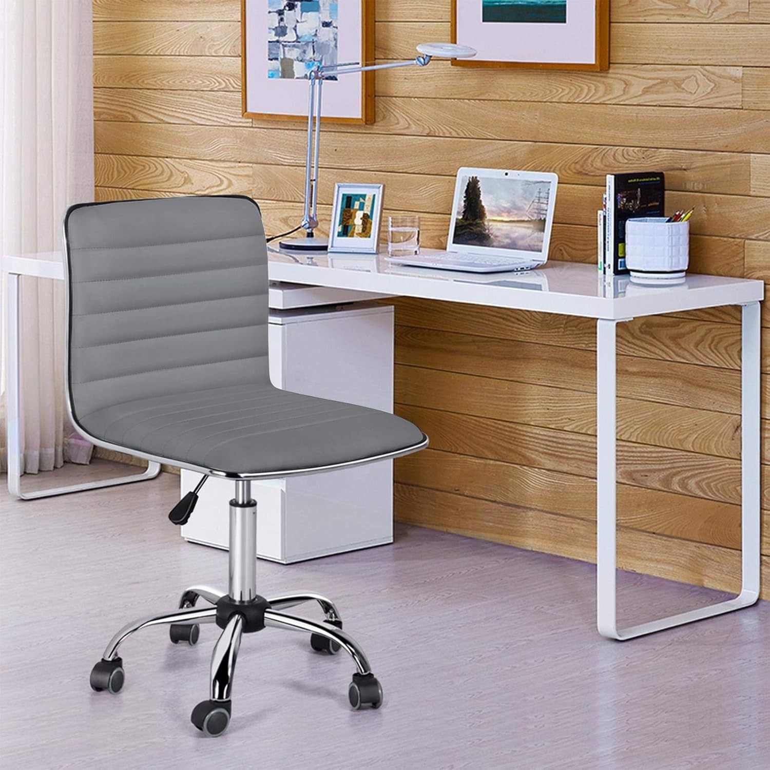 PU Leather Ribbed Armless Task Office Chair Adjustable Low Back Executive Chair