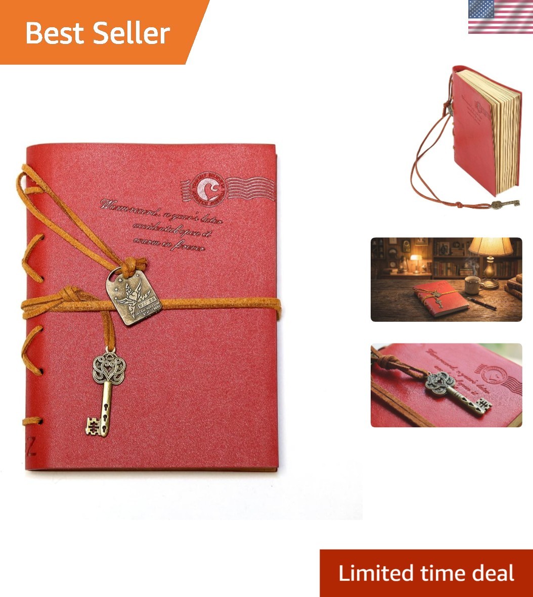 Vibrant Red Vintage Leather Journal with Antique Key – 320 Pages of Creativity