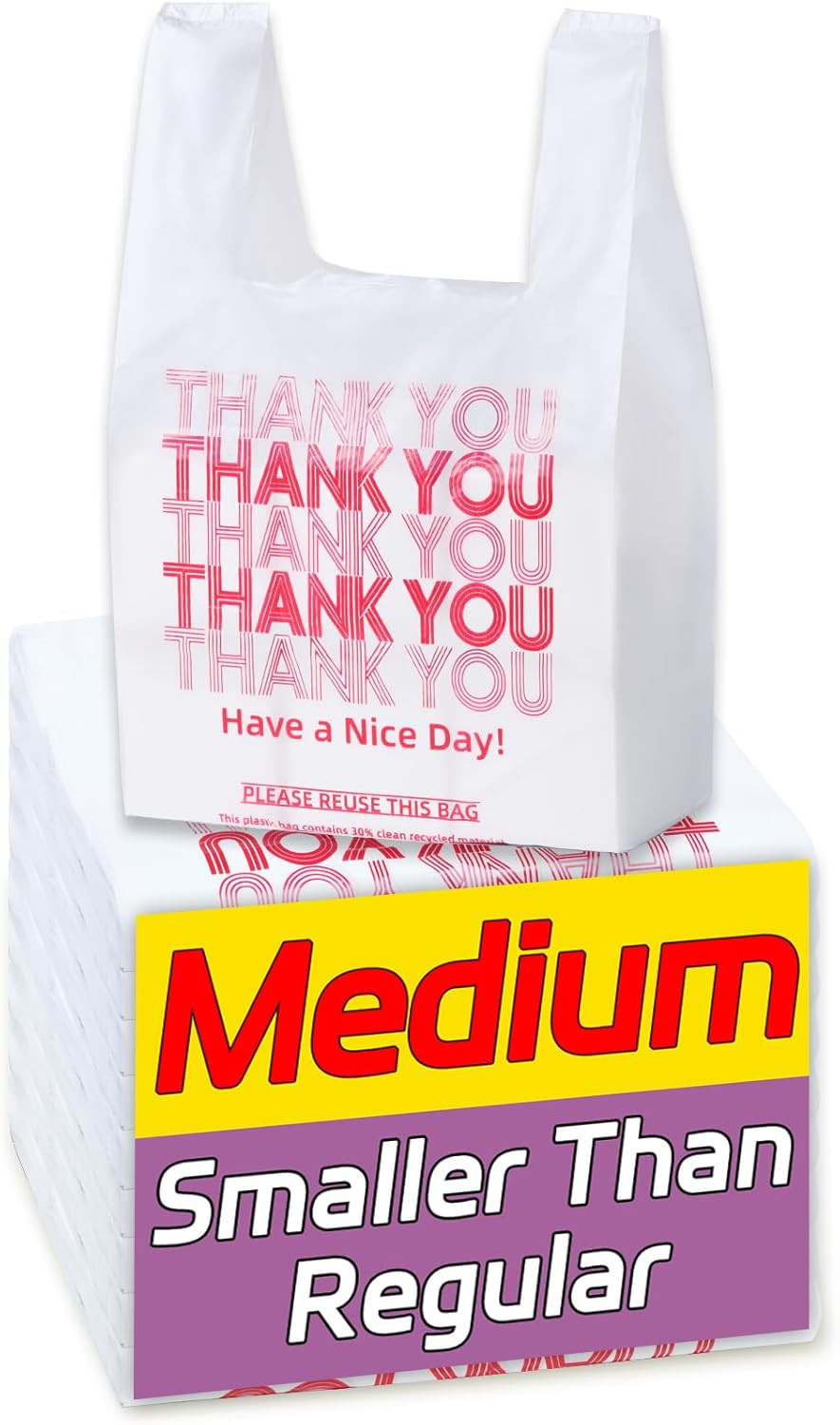 Medium Size 100 Count Plastic Bags with Handles, T-Shirt Bags, Thank You Bags