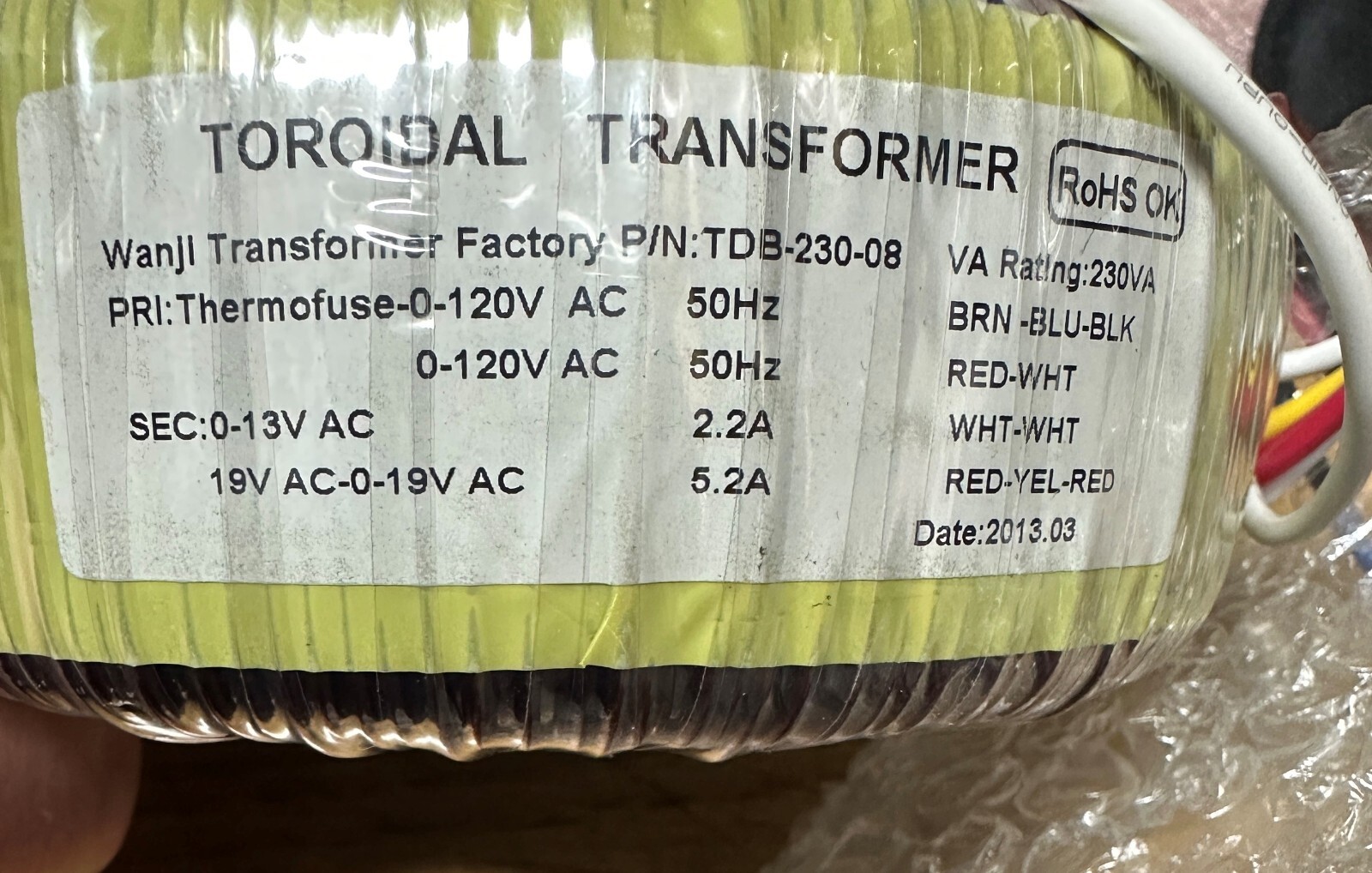 TDB-230-08 WANJI DIY TOROIDAL Audio Power TRANSFORMER VA RATING 230VA NEW!