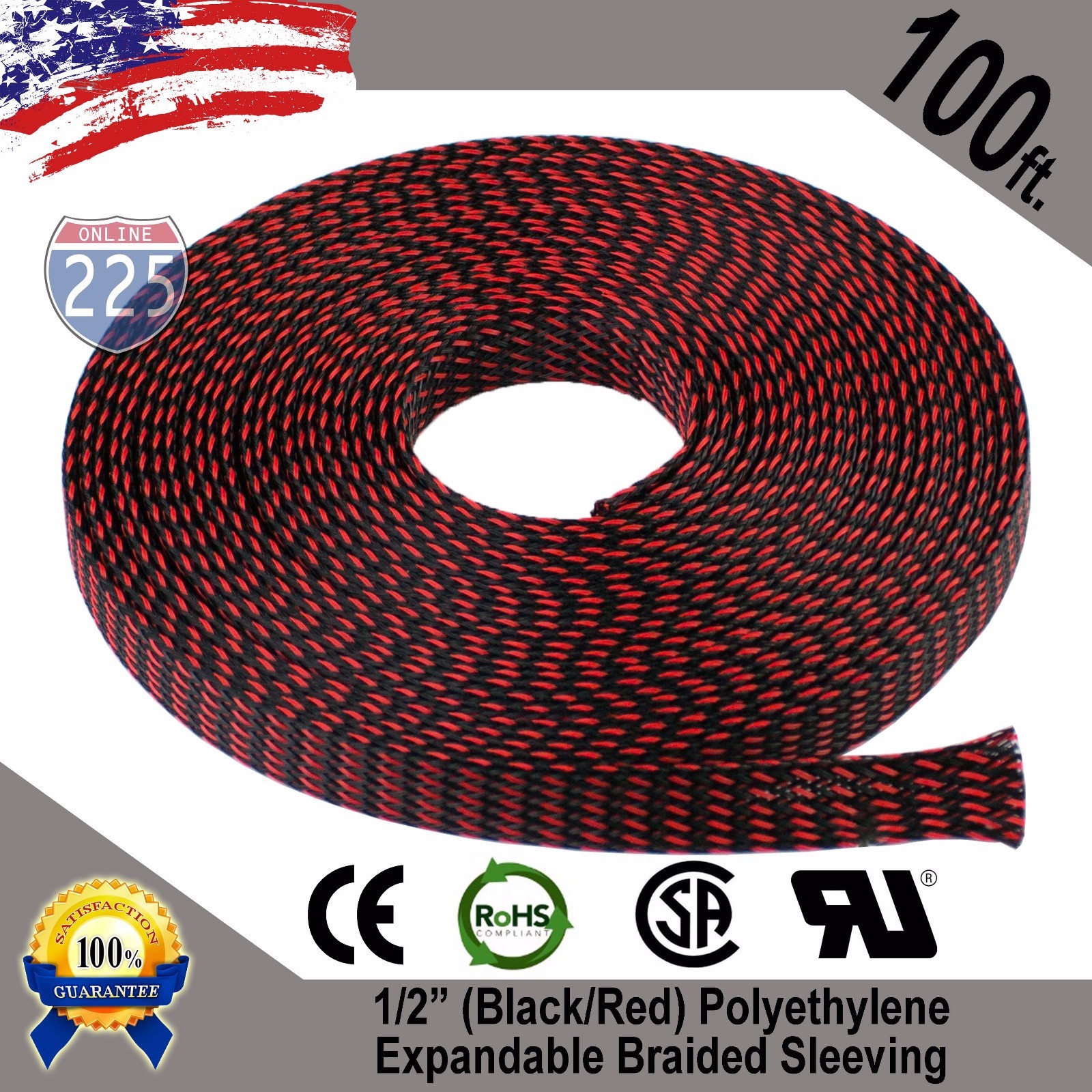 100 FT 1/2″ Black Red Expandable Wire Sleeving Sheathing Braided Loom Tubing US