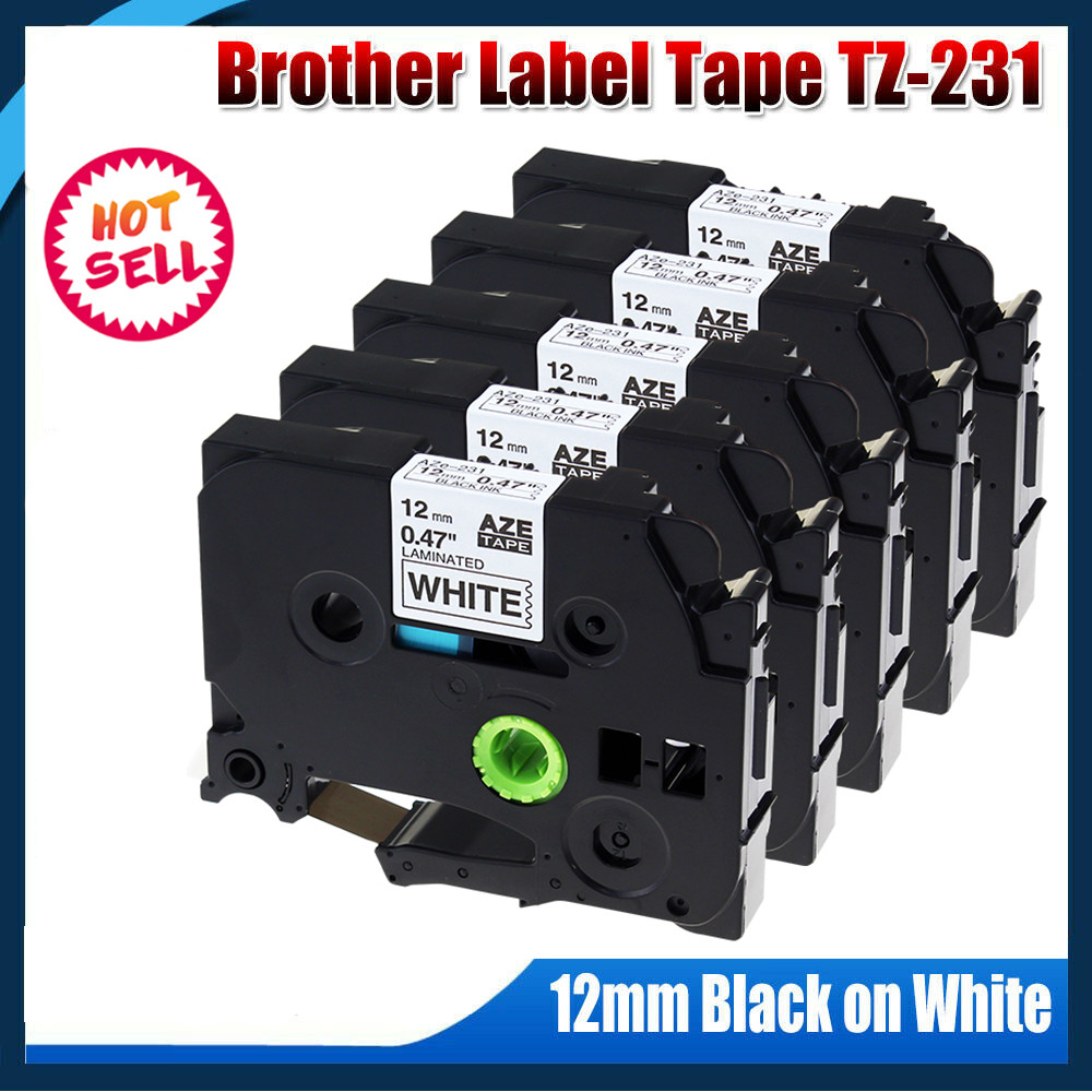 5 PK Brother P-Touch TZe-231 TZ-231 12mm Black on White Standard Laminated Tape