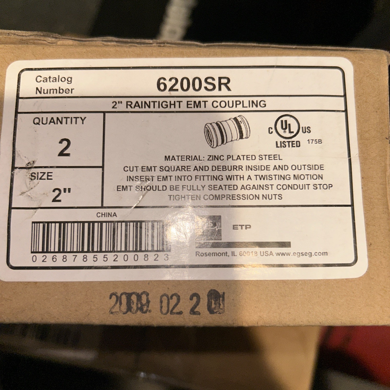 NEW BOX OF 2 EGS 6200SR 2″ RAINTIGHT EMT COUPLING