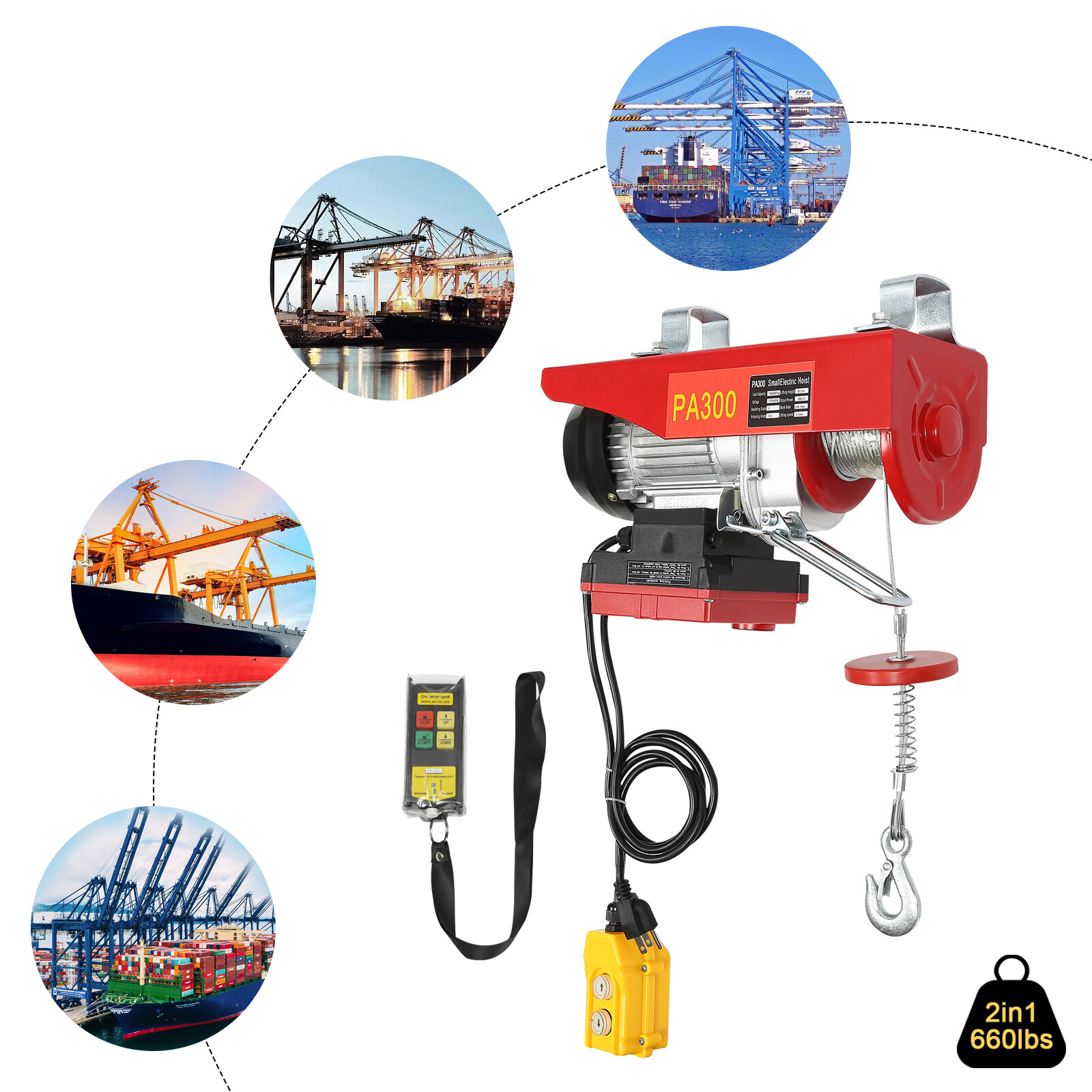 Electric Hoist 660LBS W/ Wireless Remote Control & Single/Double Slings Winch