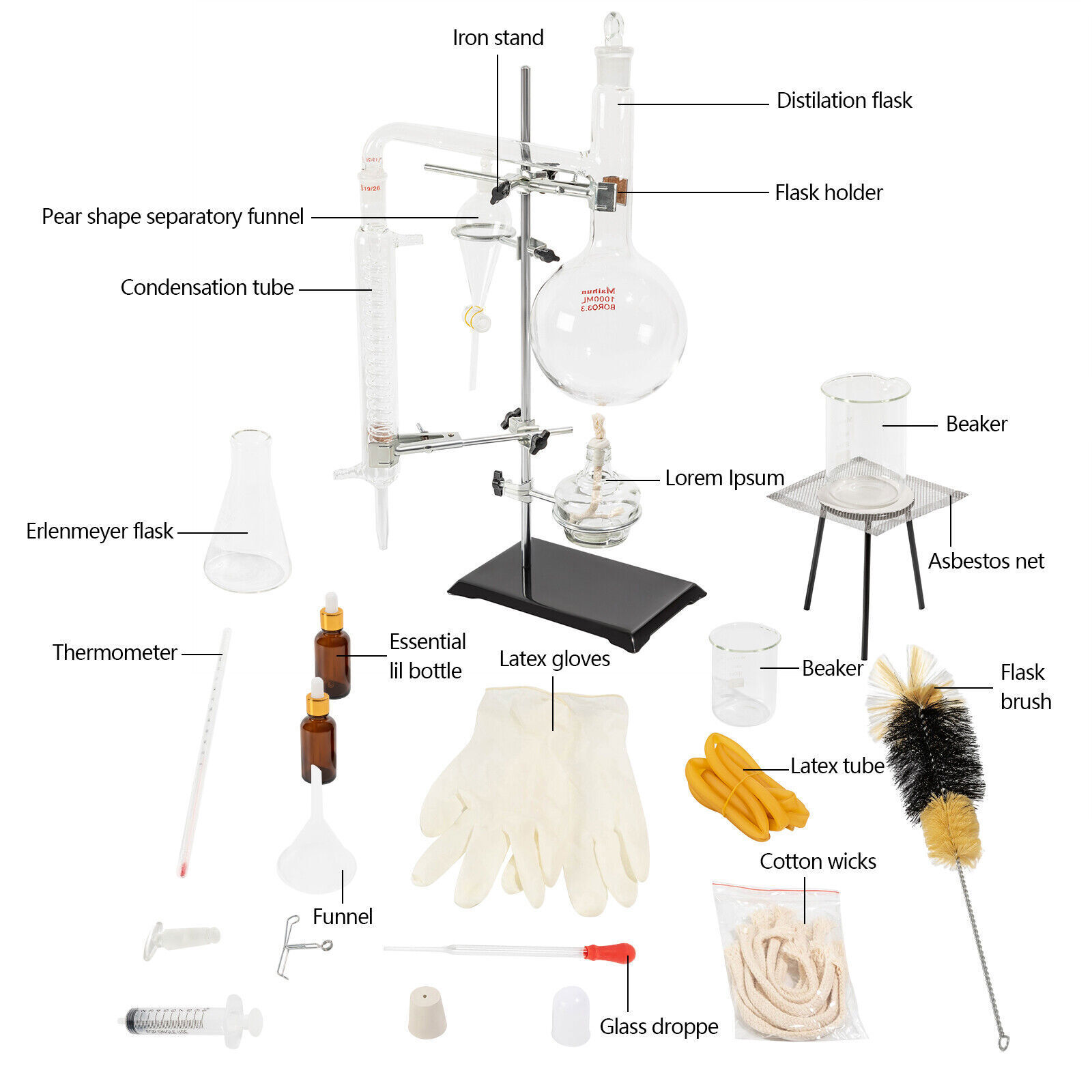 1000ml Distillation Apparatus Kit Chemistry Lab Essential Oil Distilling Glass