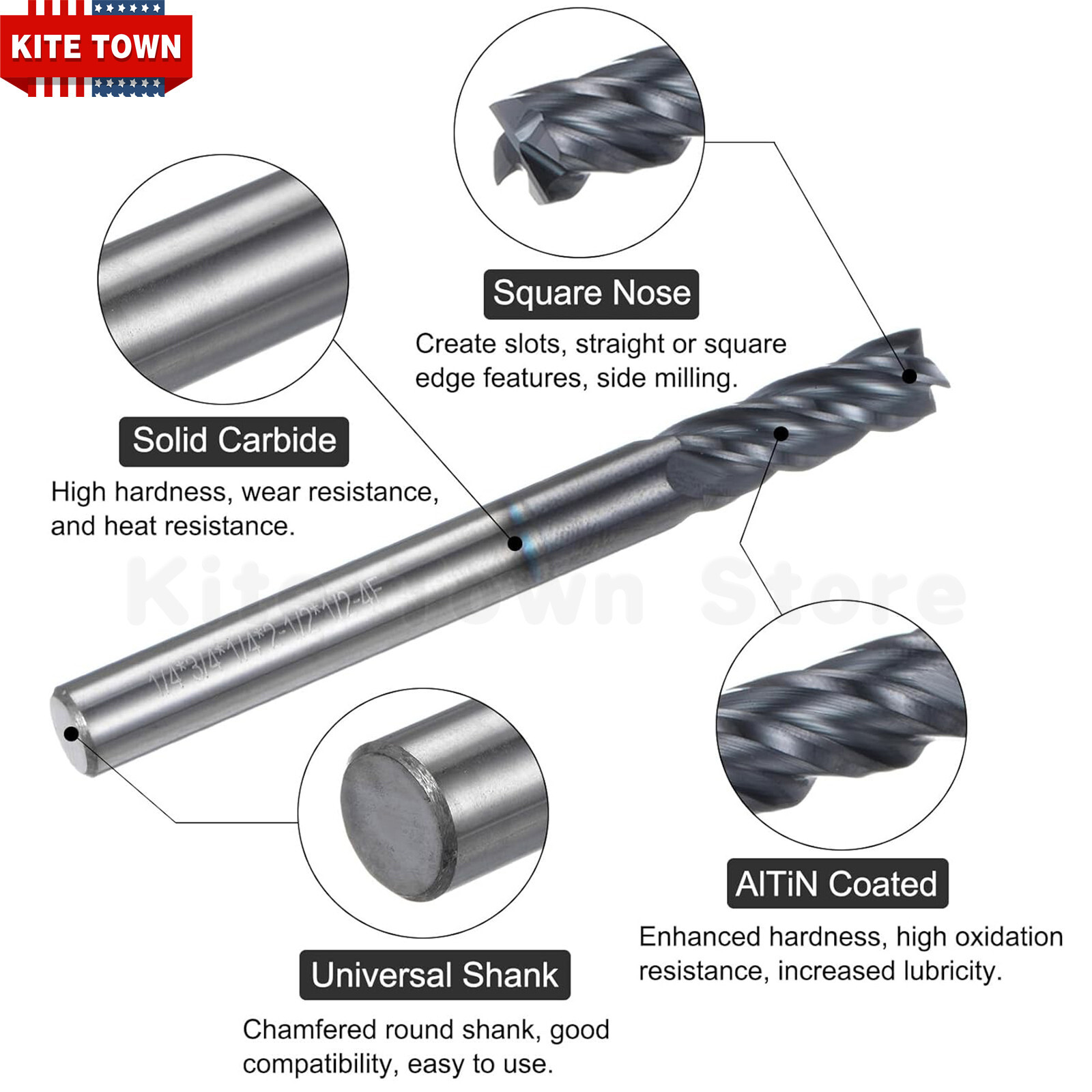 5Pcs 4-Flute 1/4″ x 3/4″ x 2-1/2″ Solid Carbide End Mills AlTiN Coated CNC Bit