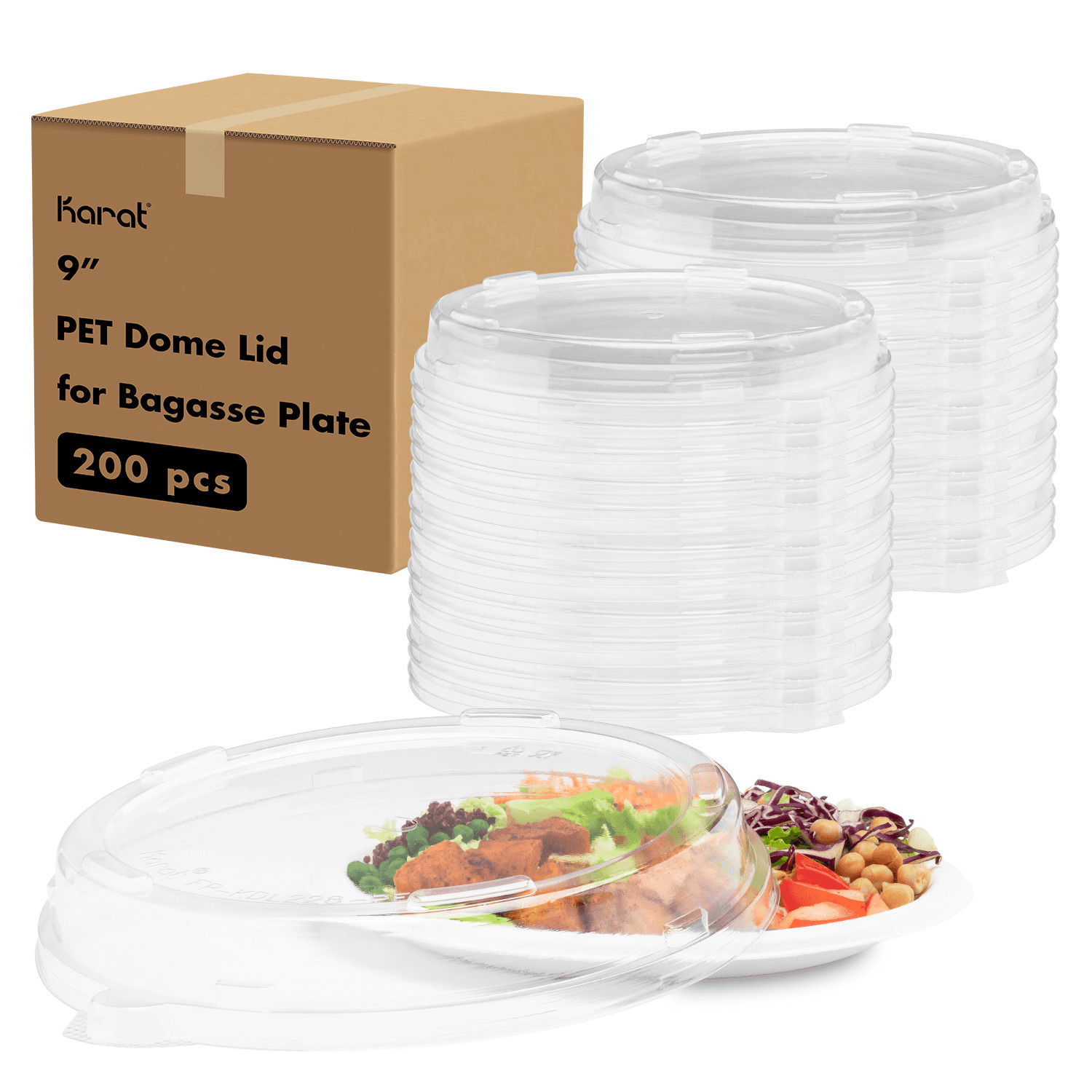 Karat PET Plastic Dome Lid for 9″ Bagasse Plates – 200 ct, FP-KDL228-PET