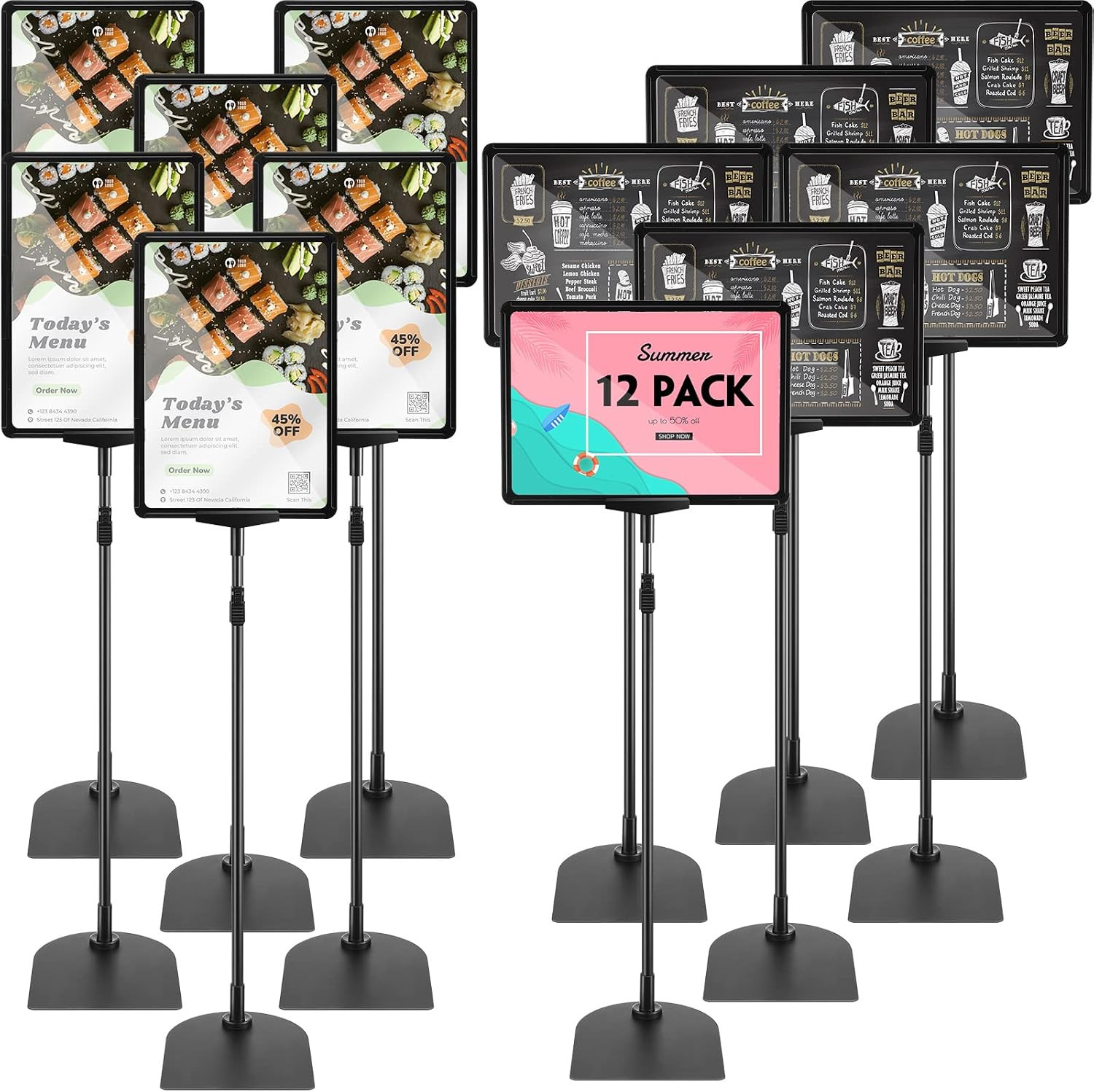 12 Pack Adjustable Floor Sign Holder 8.5×11 Poster Display Stand Black Set Kit