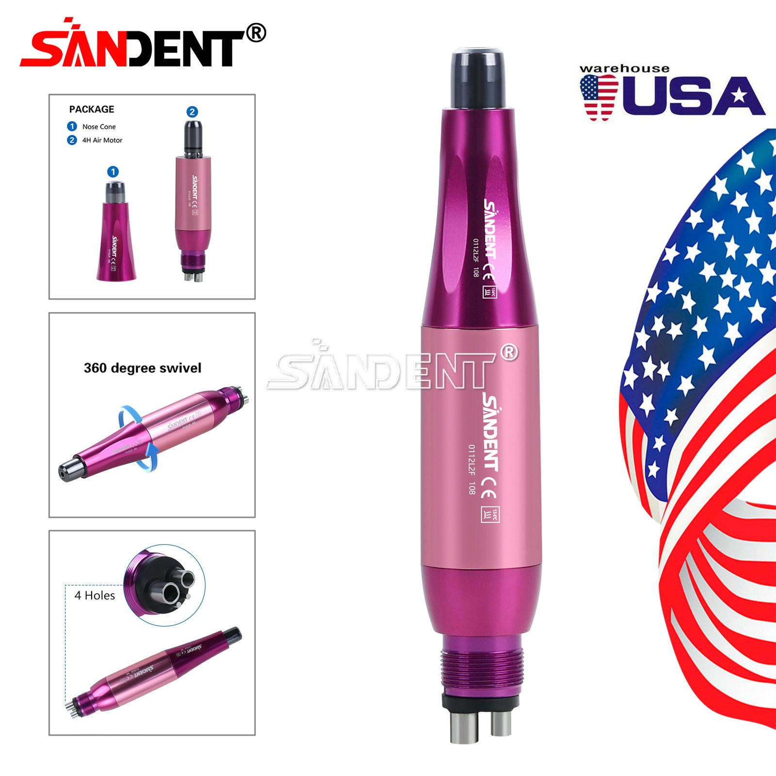Dental Hygiene Prophy Handpiece Air Motor 4H Straight 4:1 Reduction 360° Swivel