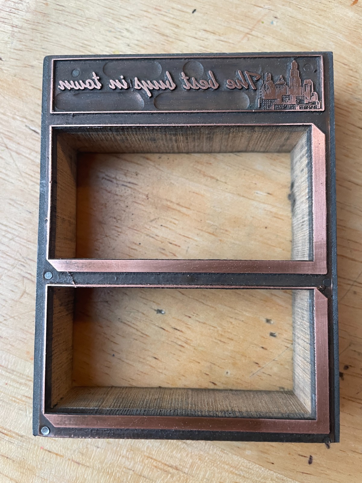 Printing Letterpress Printers Block ‘Very Best In Town’ Mortised Copper (283)