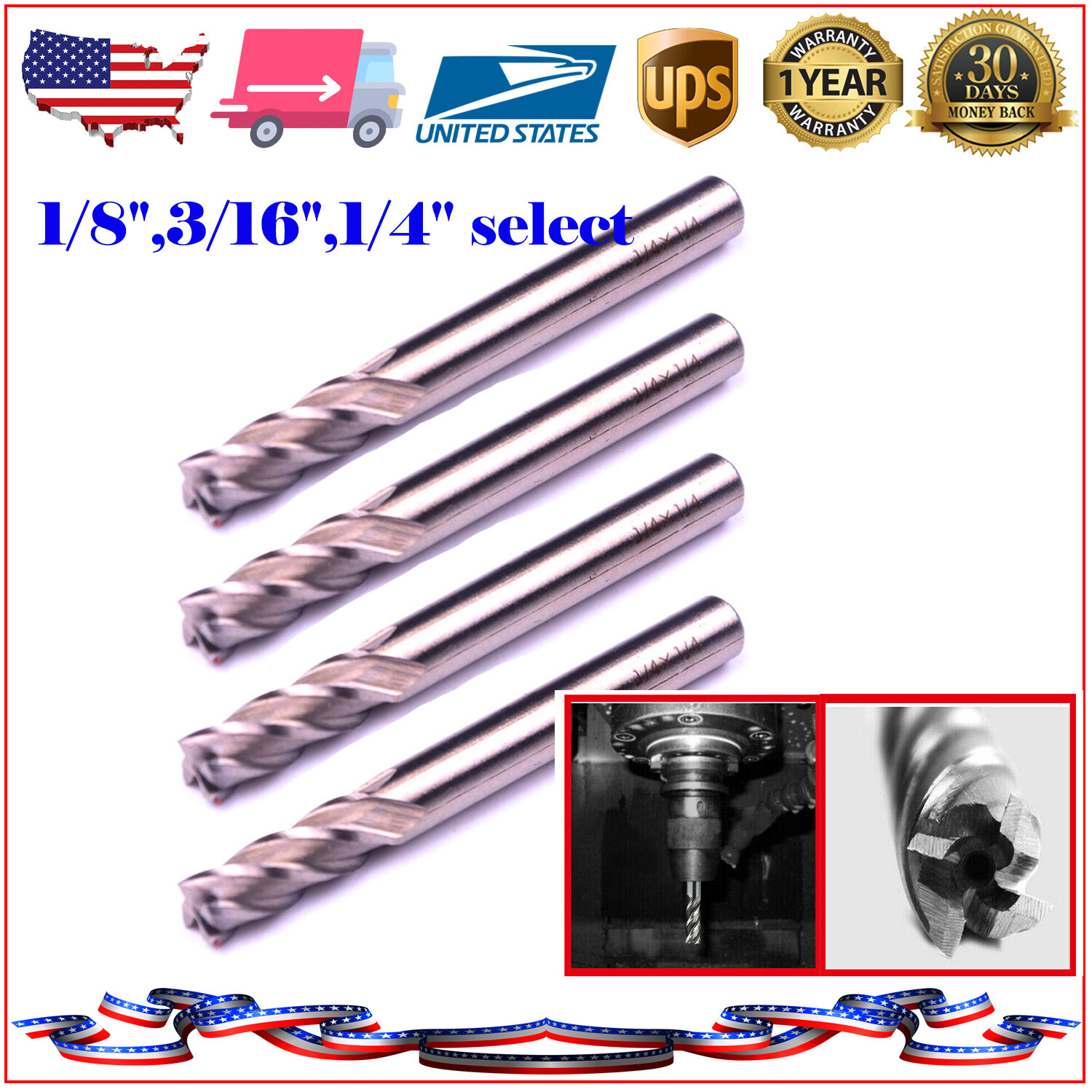 US 4/5/8/10pcs 1/4″Shank 1/8″ 3/16″ 1/4″End Mill Cutter CNC Router Bits 4 Flute