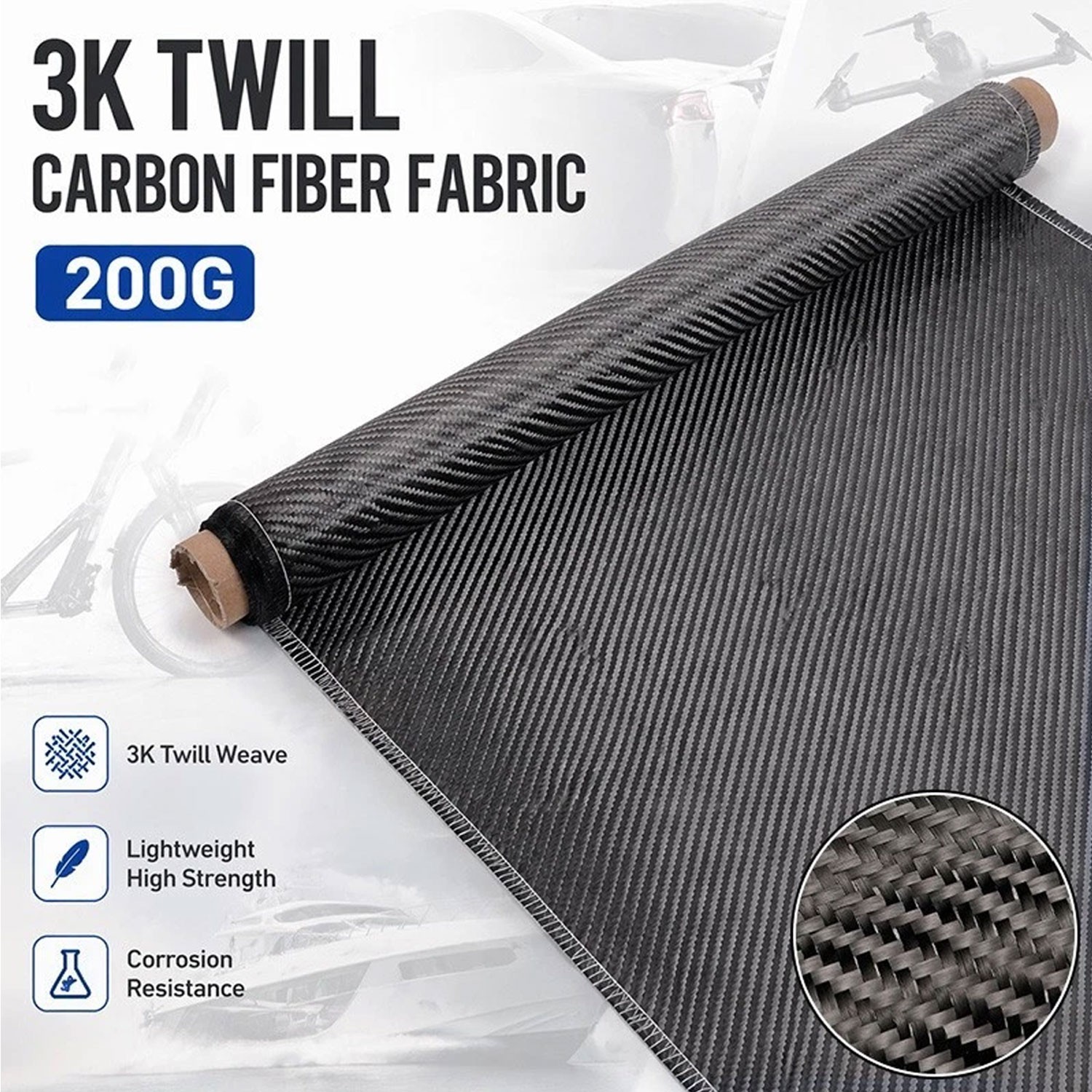 50 x 100CM Pure Carbon Fiber Fabric Cloth Roll 3k 200gsm 2×2 Twill Weave Black
