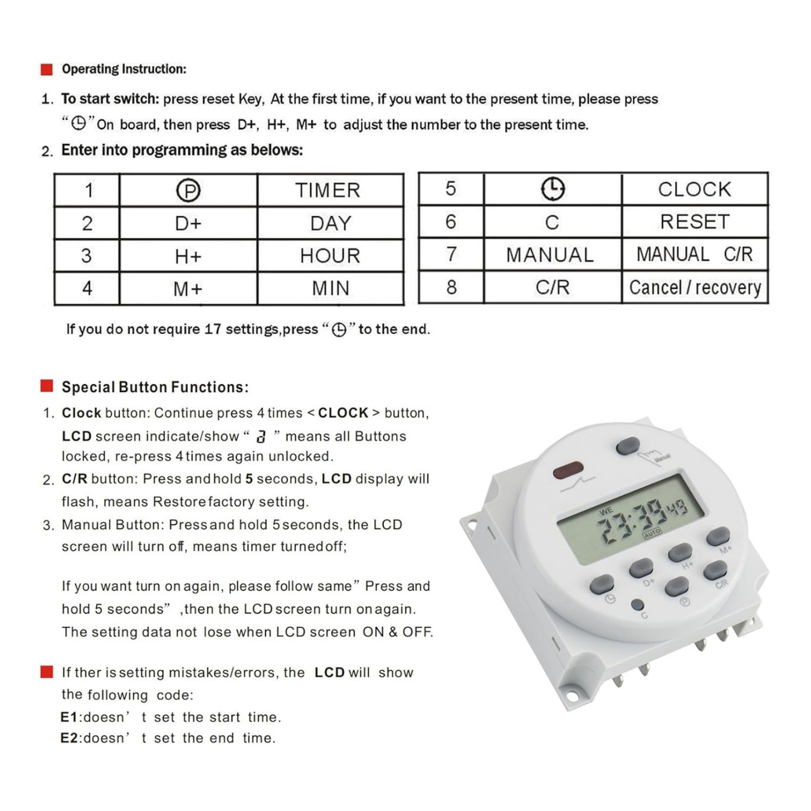 DC 12V Digital LCD Weekly Timer For Programmable Relay Switch 16A 17 On/Off