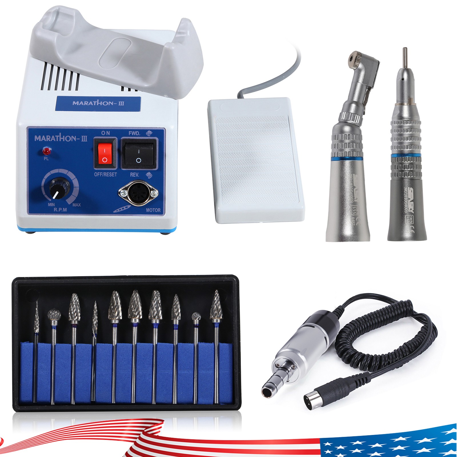 Dental Lab Marathon Micromotor Straight Handpiece/Contra Angle Polisher +10Burs