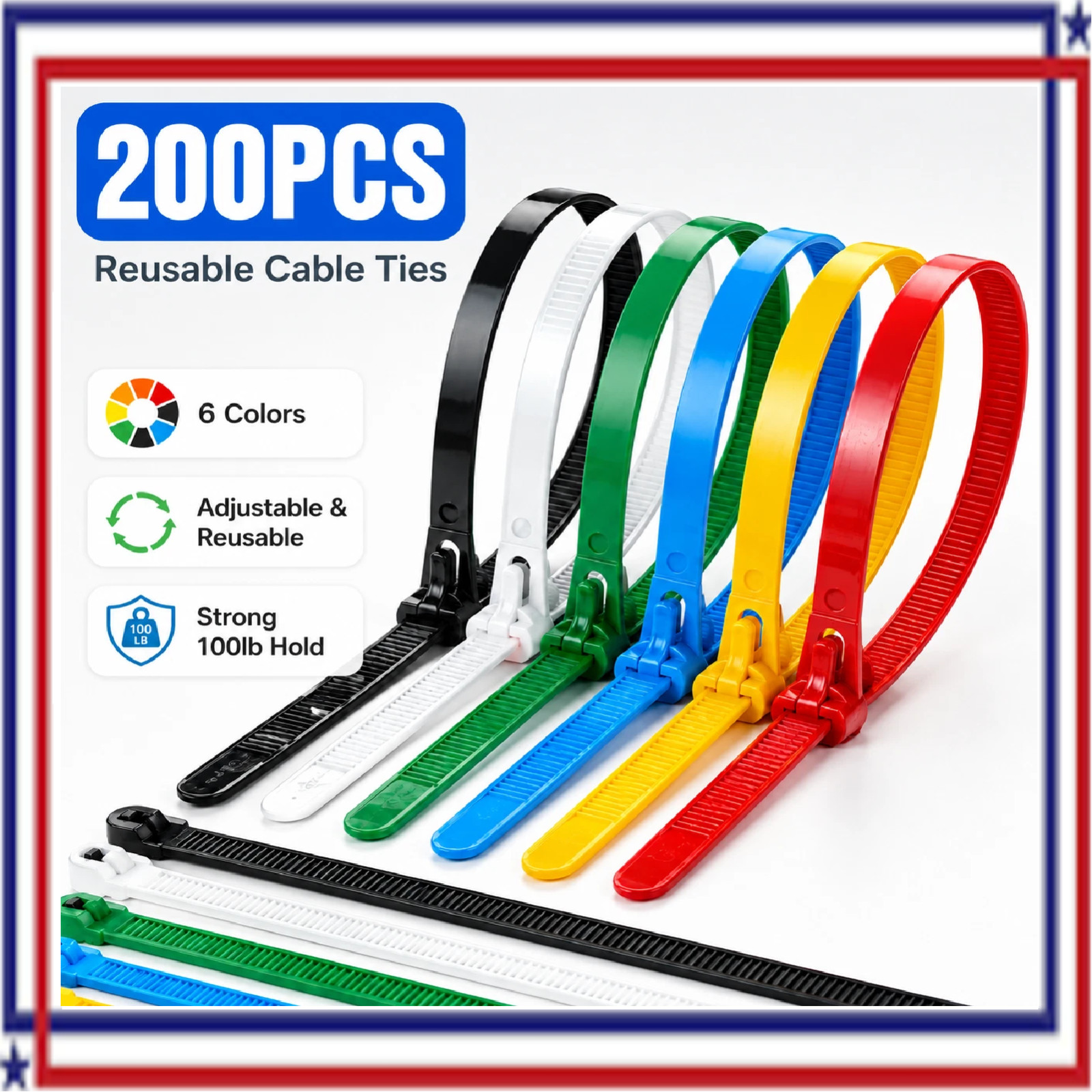 200PCS Reusable Cable Ties Multi-Color Adjustable Zip Straps for Home Office DIY