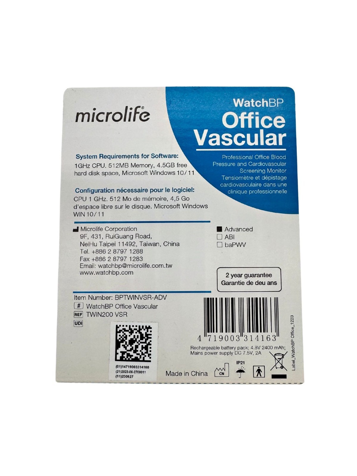 Microlife – WatchBP Office Vascular – Advanced – part # BPTWINVSR-ADV