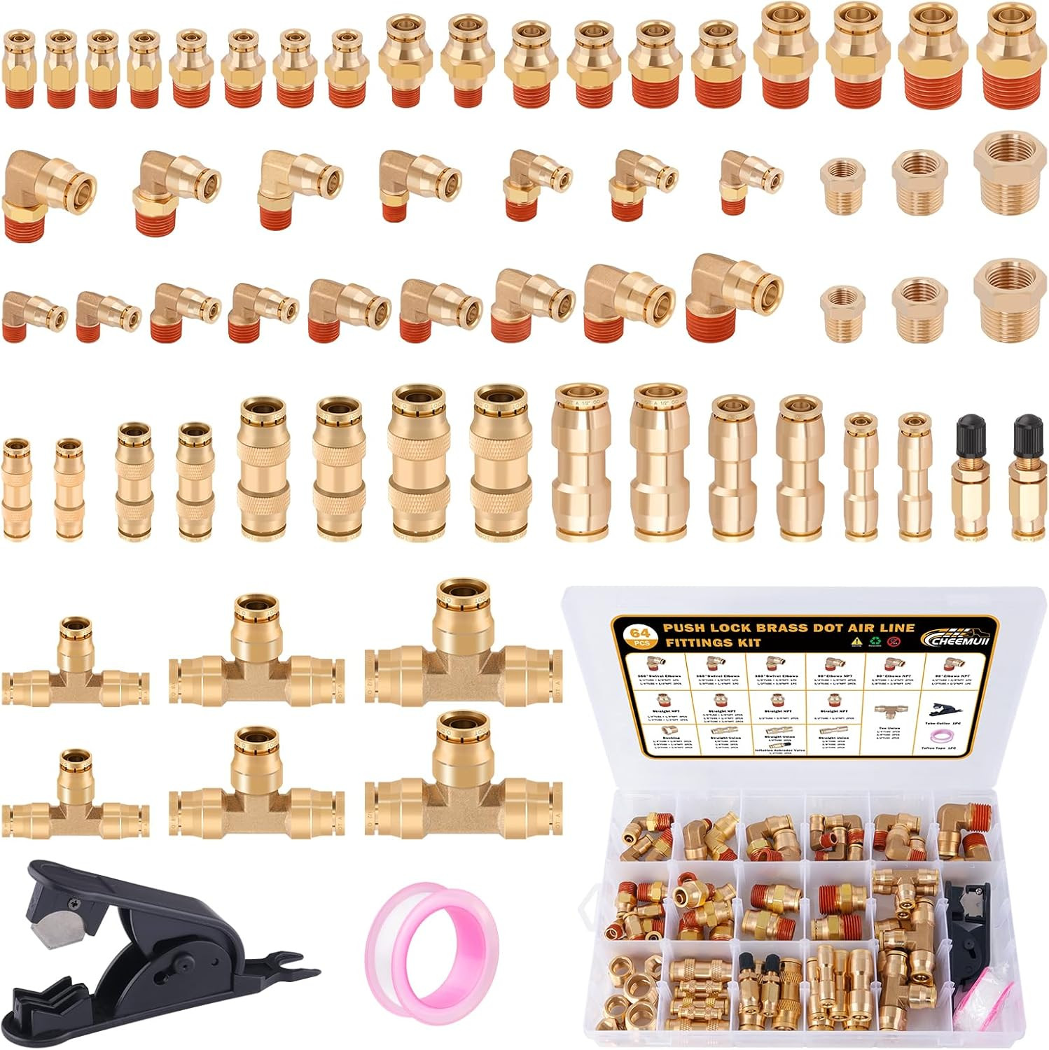 64 Pcs Brass DOT Air Line Fittings Kit Push Lock & Quick Connect Fittings NPT Th