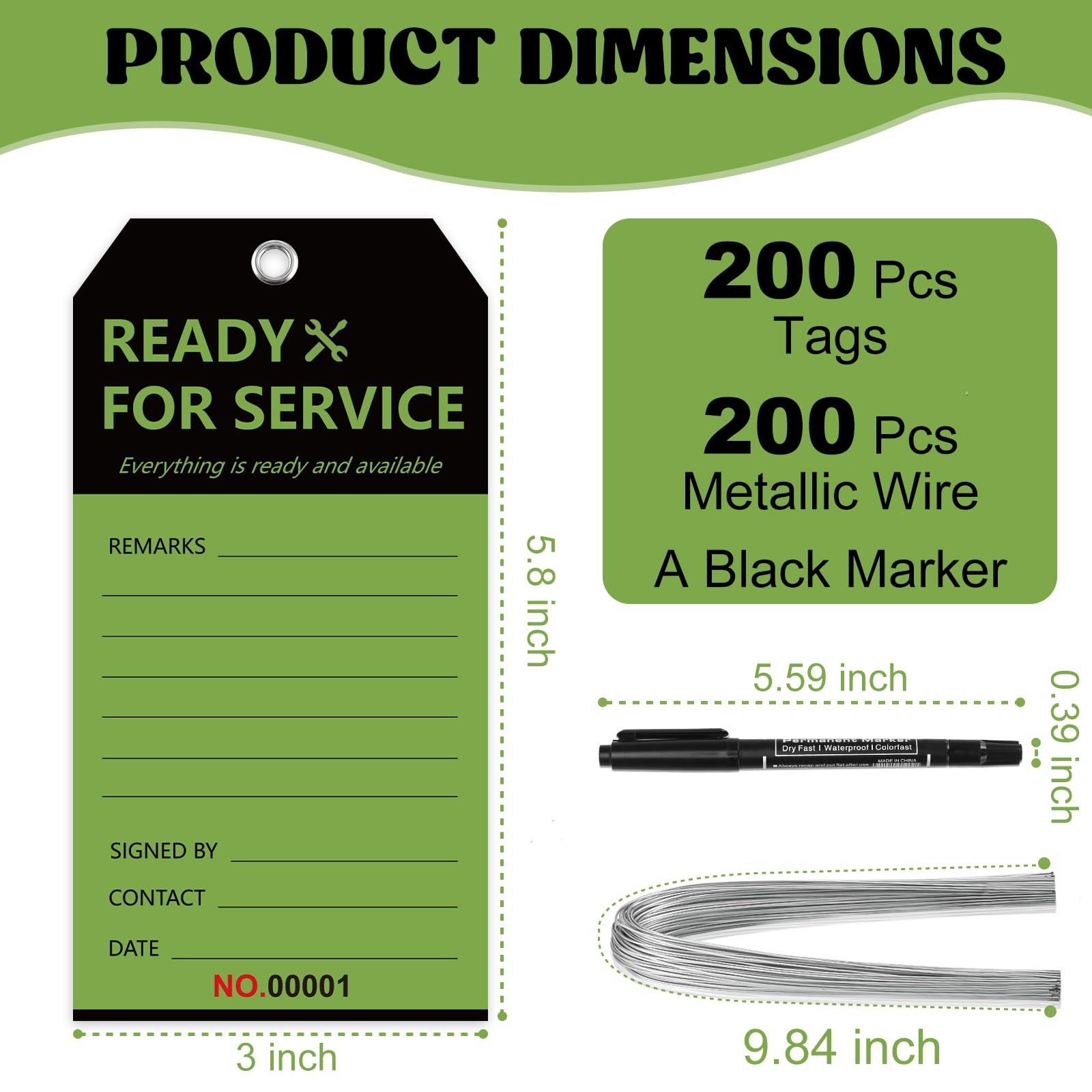 Ready to Service Tags Wire Serial Number Equipment Green 3×5.8 In 200 PCS