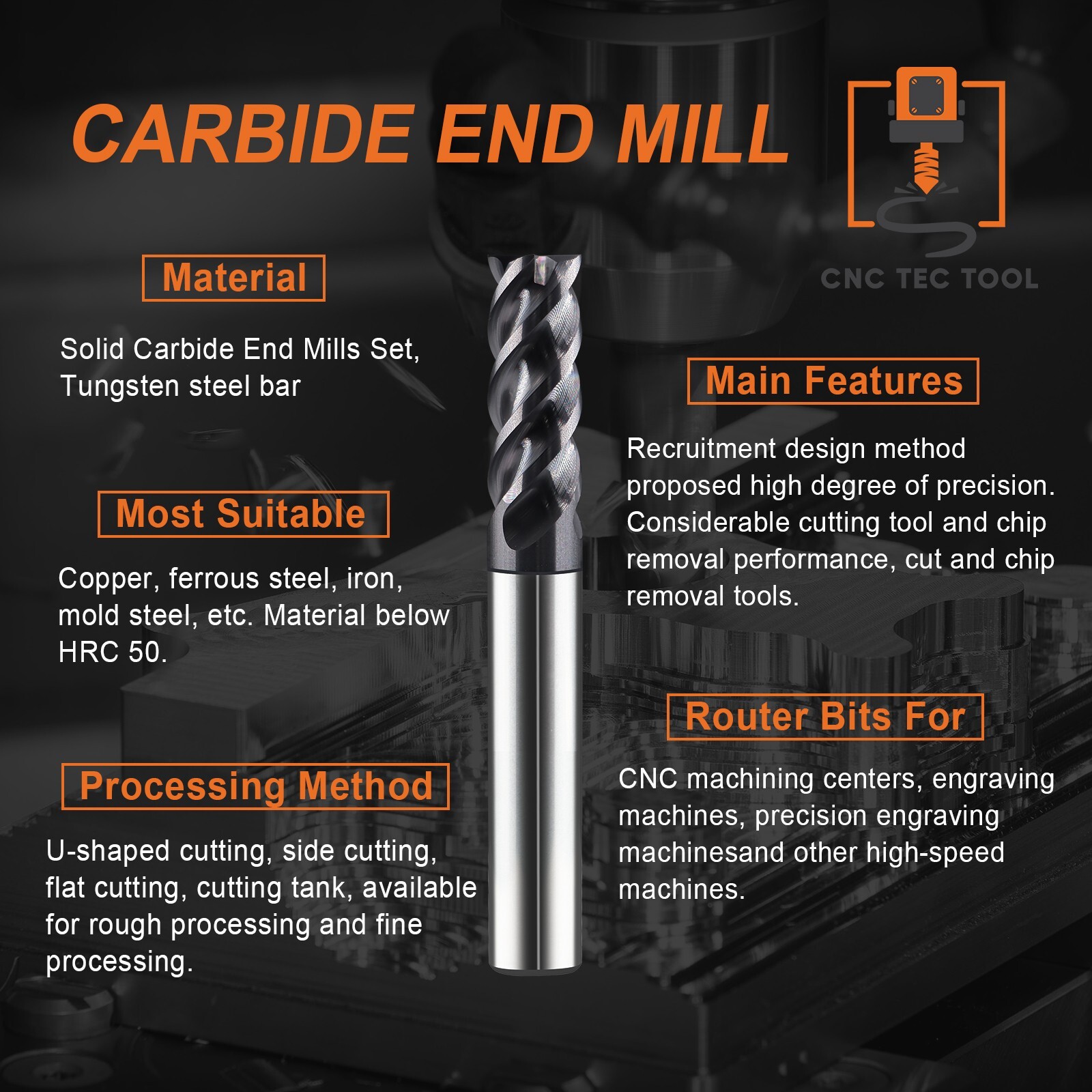 5 PCS 3/32″ 4 Flutes Square 45° Helix Carbide End Mill Bit AlTiCrN Coated HRC 50