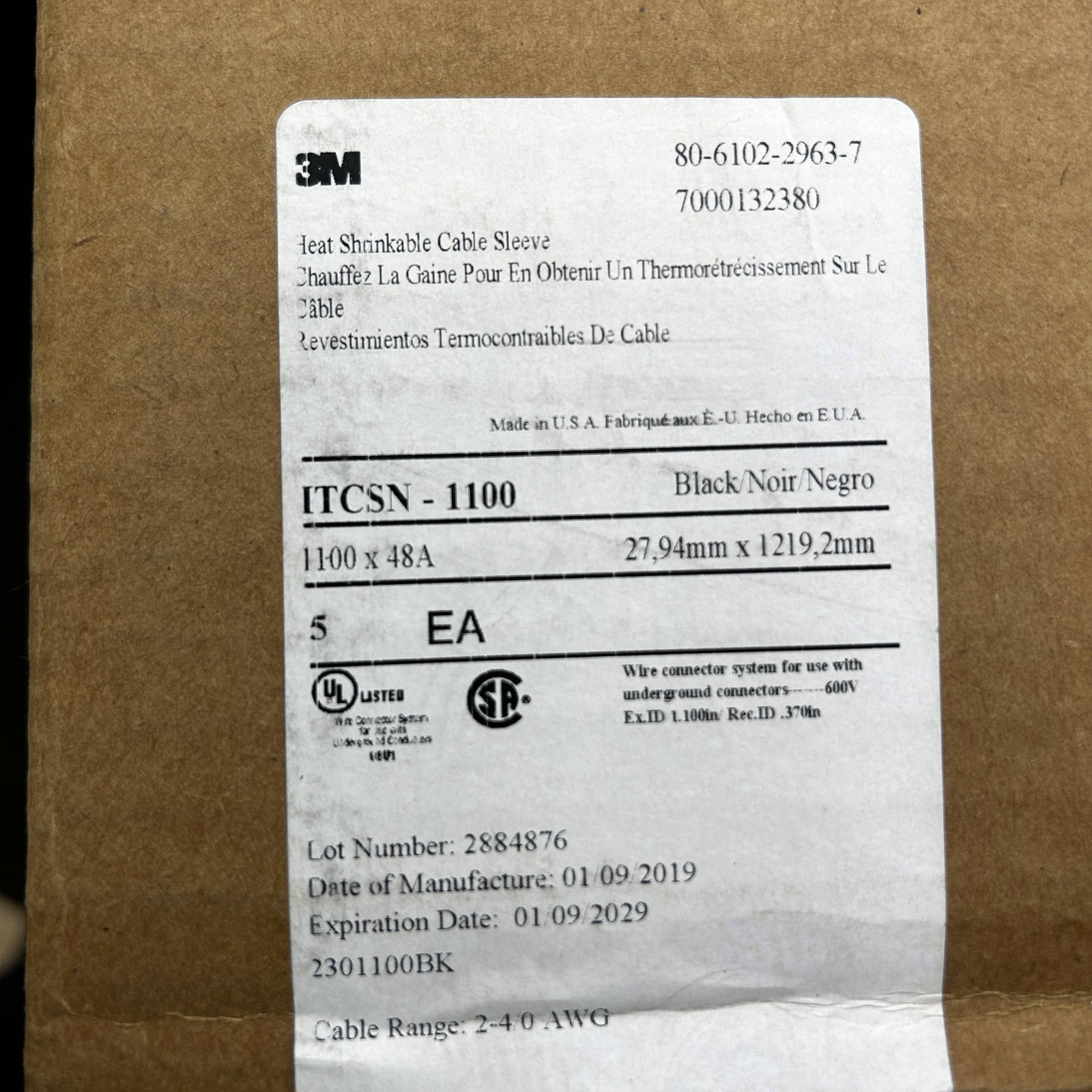 3M 7000132380 Heat Shrinkable Cable Sleeve ITCSN-1100x48A Black 2-4/0 AWG 5pk