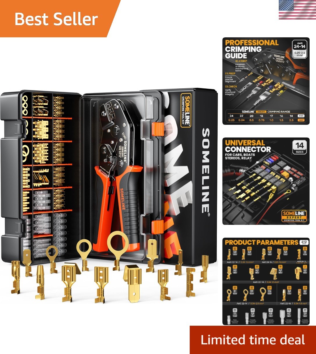 Ergonomic Wire Crimp Tool Kit with 14 Male & Female Terminal Sizes – Heavy Duty