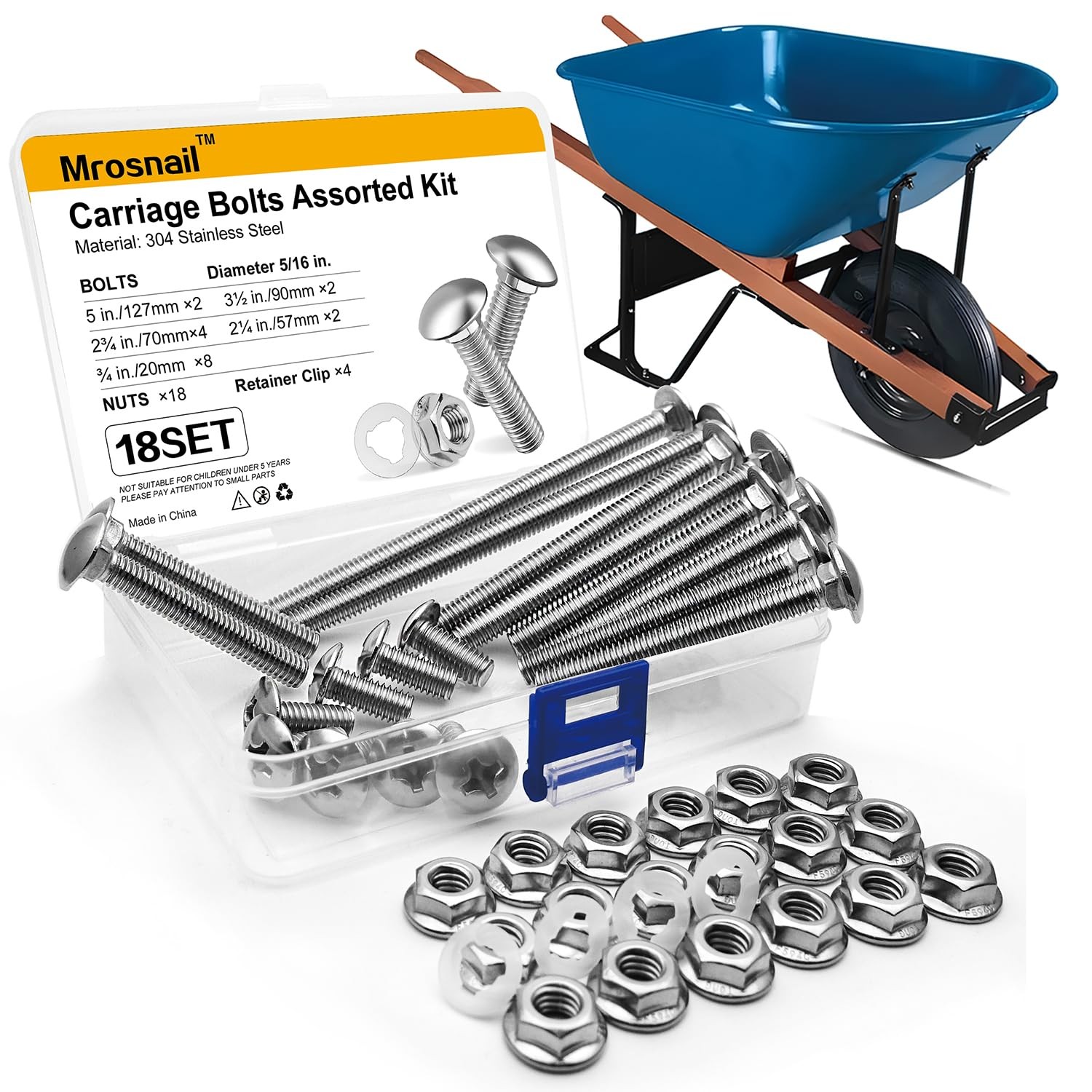 Mrosnail Wheelbarrow Carriage Bolts and Nuts Kit,Stainless Steel One Size, S