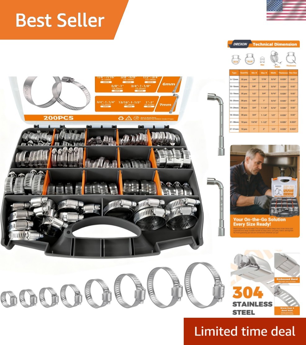 Hose Clamp Assortment 200PCS Hose Clamp 304 Stainless Steel Kit Adjustable 1/…