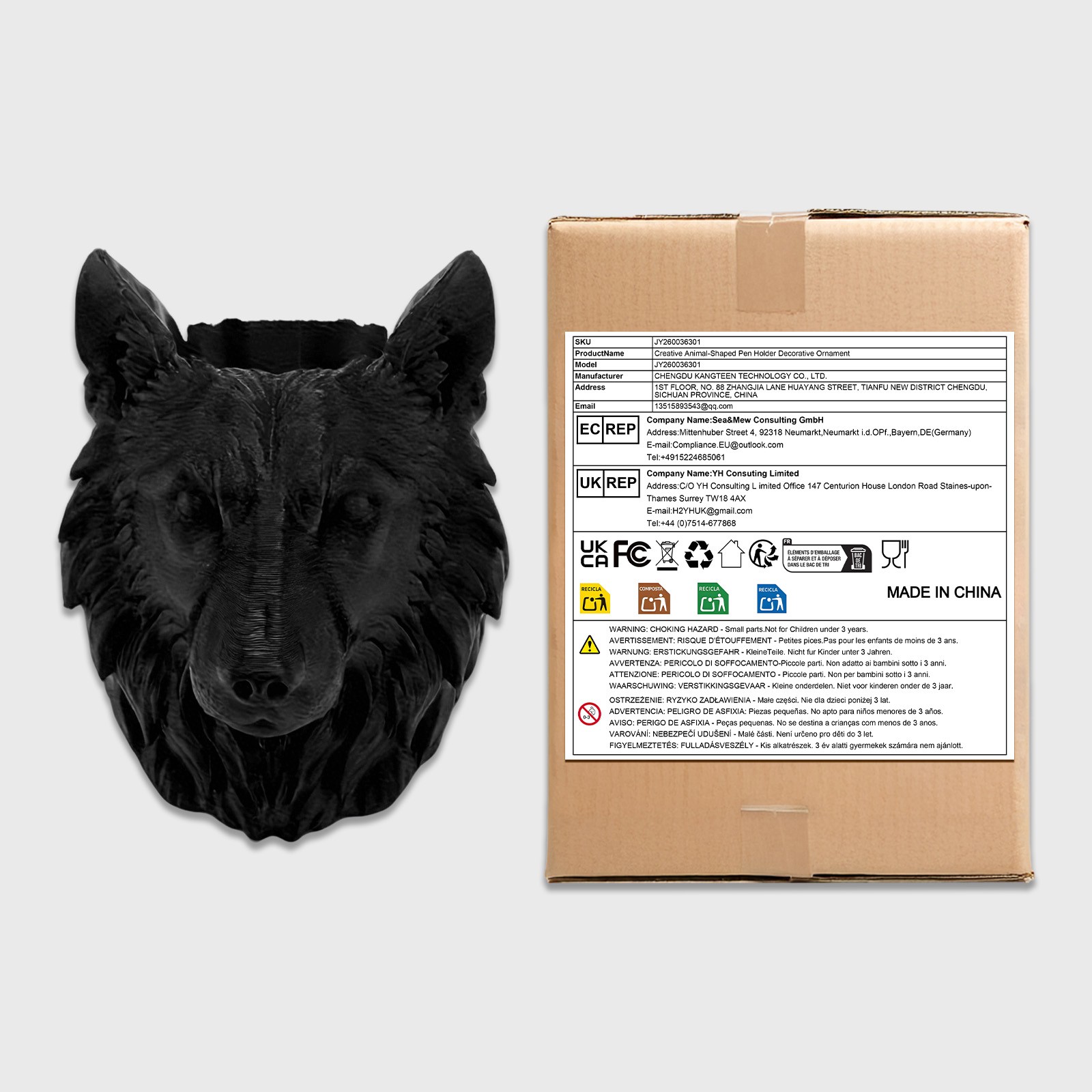 3D Printed Wolf Head Pen Holder, Black Plastic Animal Desk Stationery Organizer
