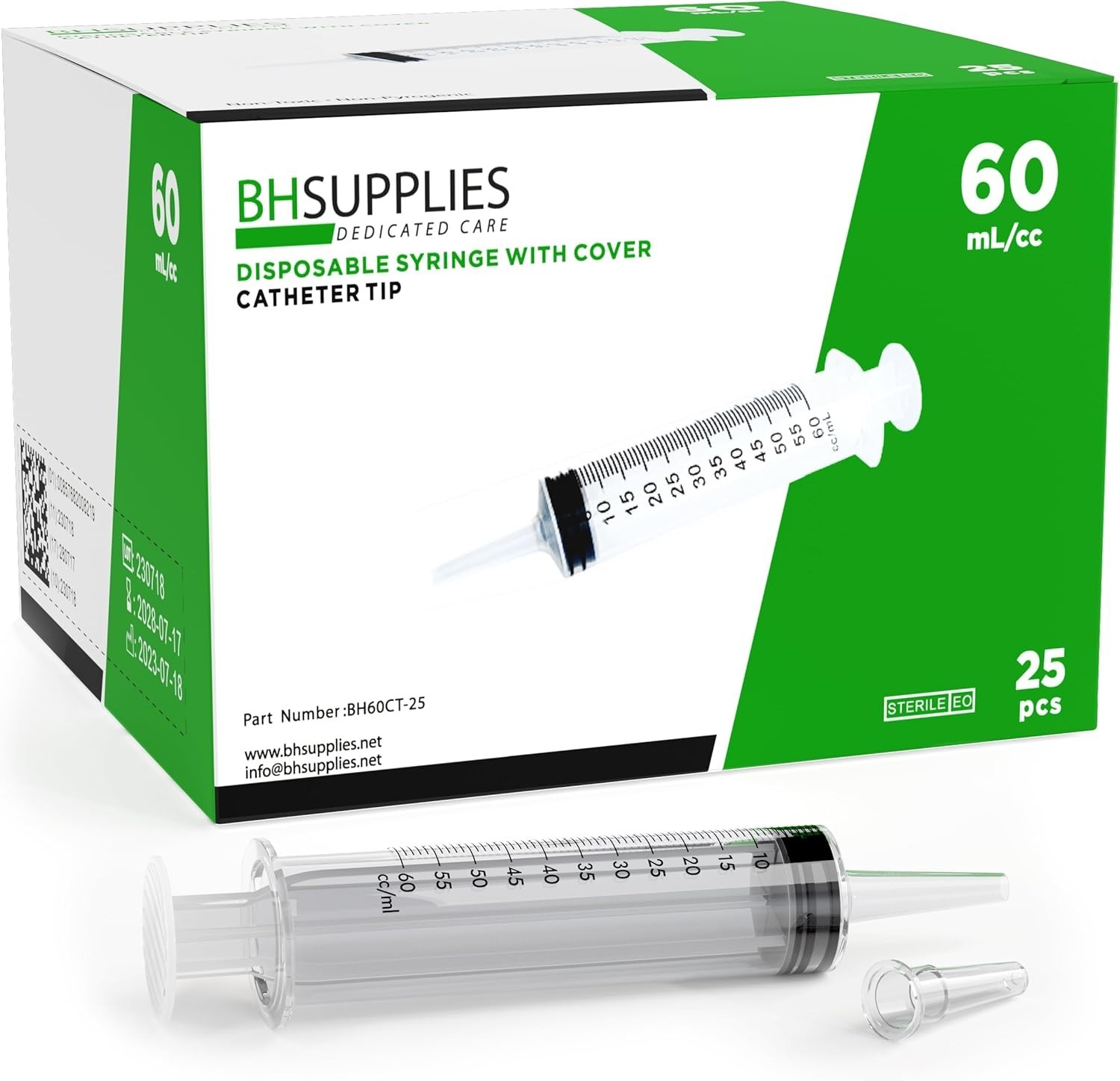Medical Syringe 60mL Plastic Catheter Tip Sterile with Caps Pack of 25
