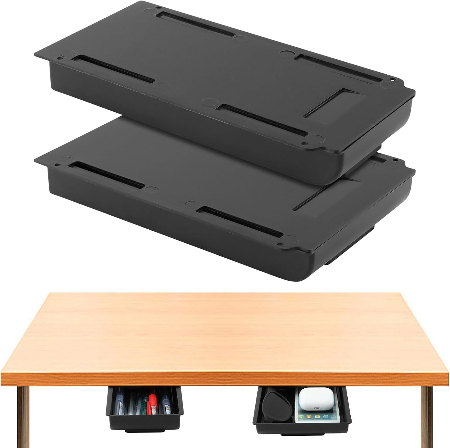 2 Pack Under Desk Drawer Organizer,Plastic Under Desk Storage Drawers Attachment