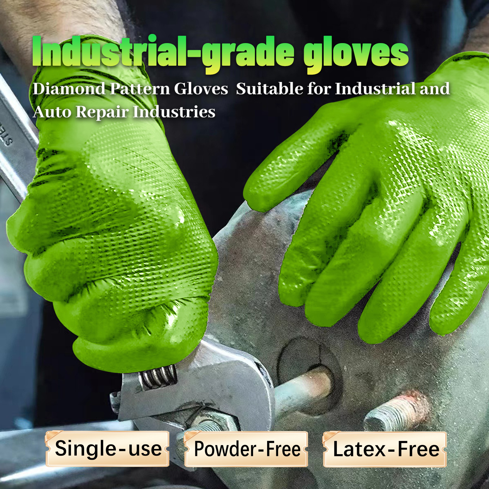 Disposable Green Nitrile Gloves 8mil Diamond Textured Powder Free 100PCS