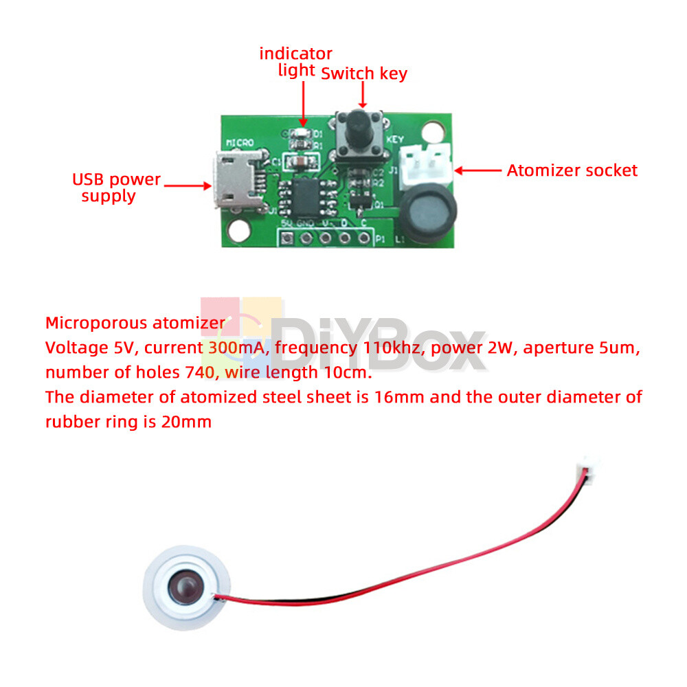 USB Ultrasonic Mist Maker Atomizing Fogger Ceramic Humidifier Module DIY 5V 2W