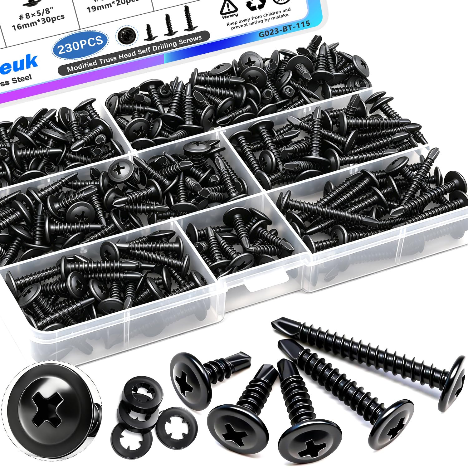 230PCS #8 Self Tapping Screws,410 Stainless Steel Self Tapping Screws for Metal,