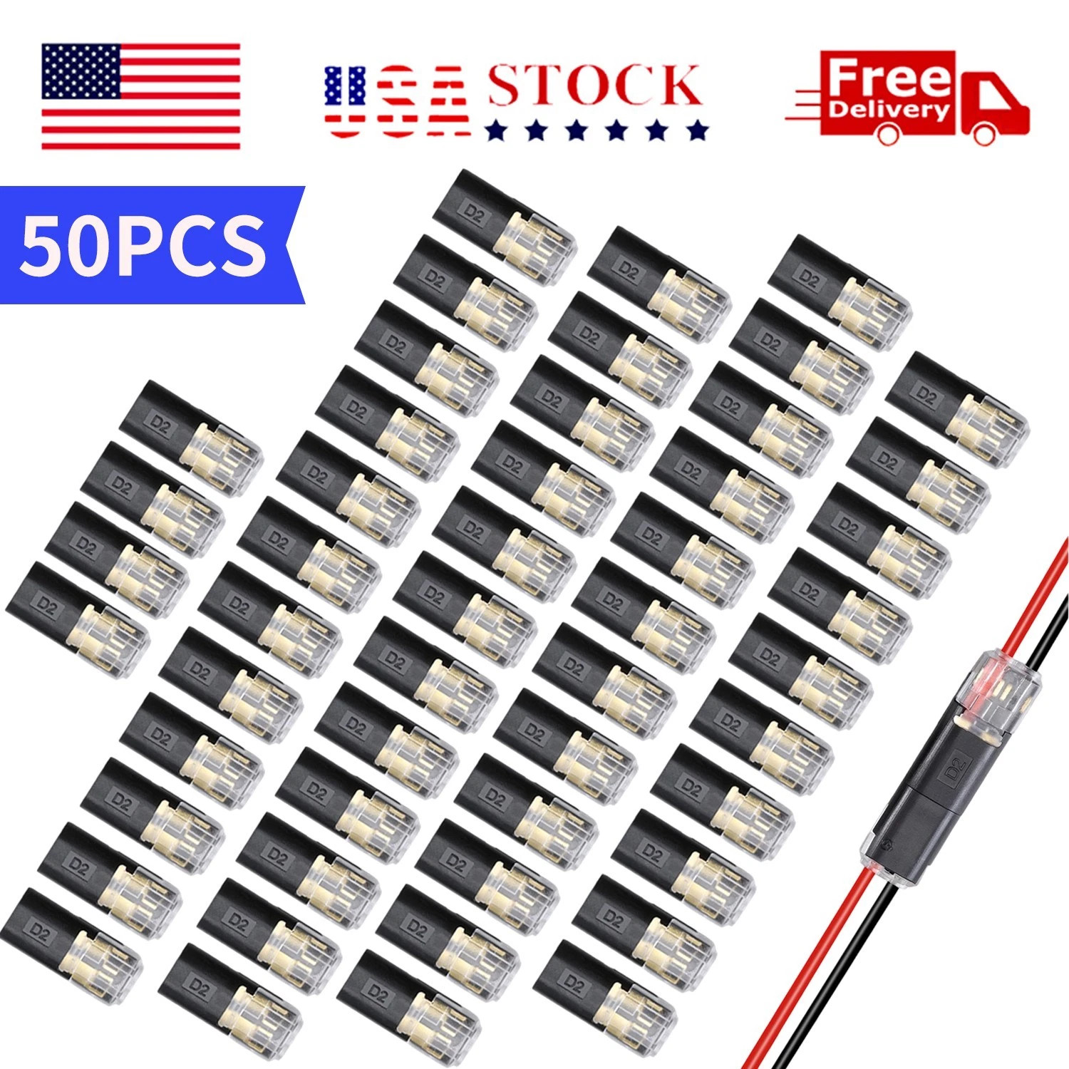 100PCS Double-Wire Plug-in Connector, Cable Clamp with Locking Buckle, AWG 18-22
