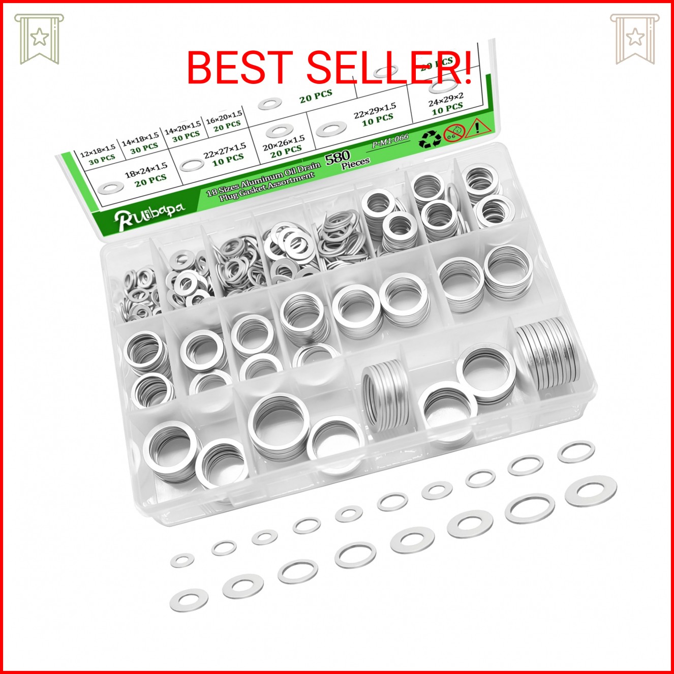 Ruibapa 580PCS Oil Drain Plug Crush Washer Kit,18 Sizes Aluminum Oil Drain Plug