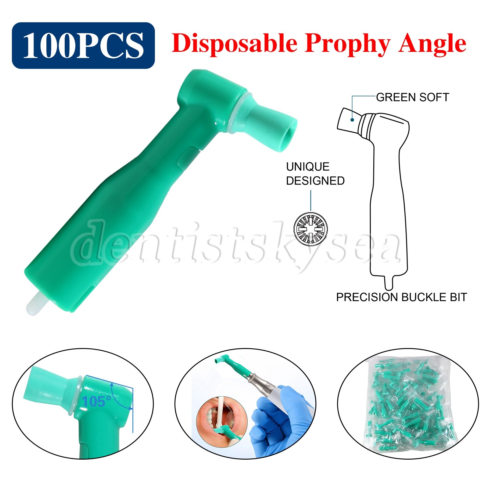 100pcs Dental Prophy Brush Cup Disposable 105° Angle Polish Brushes Green