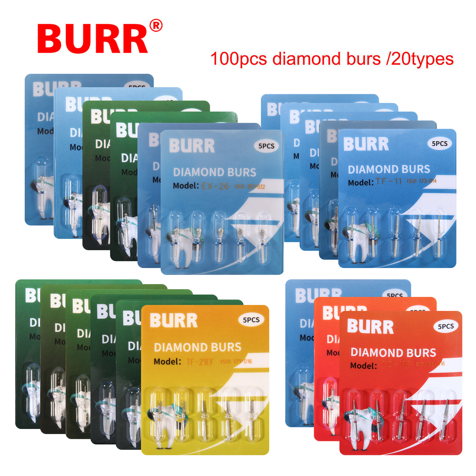 100pcs Dental Diamond Burs for High Speed Handpiece Medium Friction Grip FG1.6mm