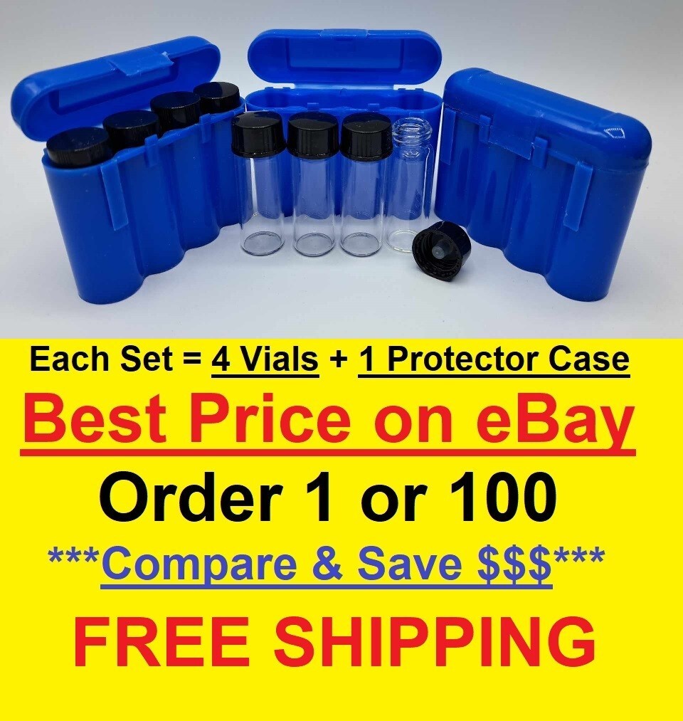 4x 1oz Gold Vials & Storage Carry Case Dredge Panning Mining Prospect BLUE 001