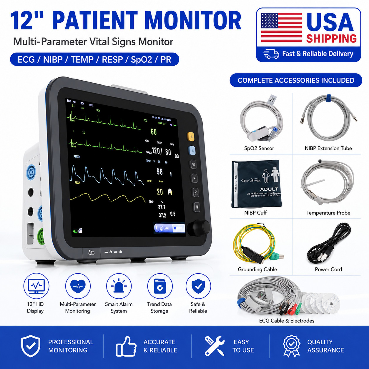 12-Inch Patient Vital Signs Monitor Multi-Parameter ECG/NIBP/TEMP/RESP/SPO2/PR