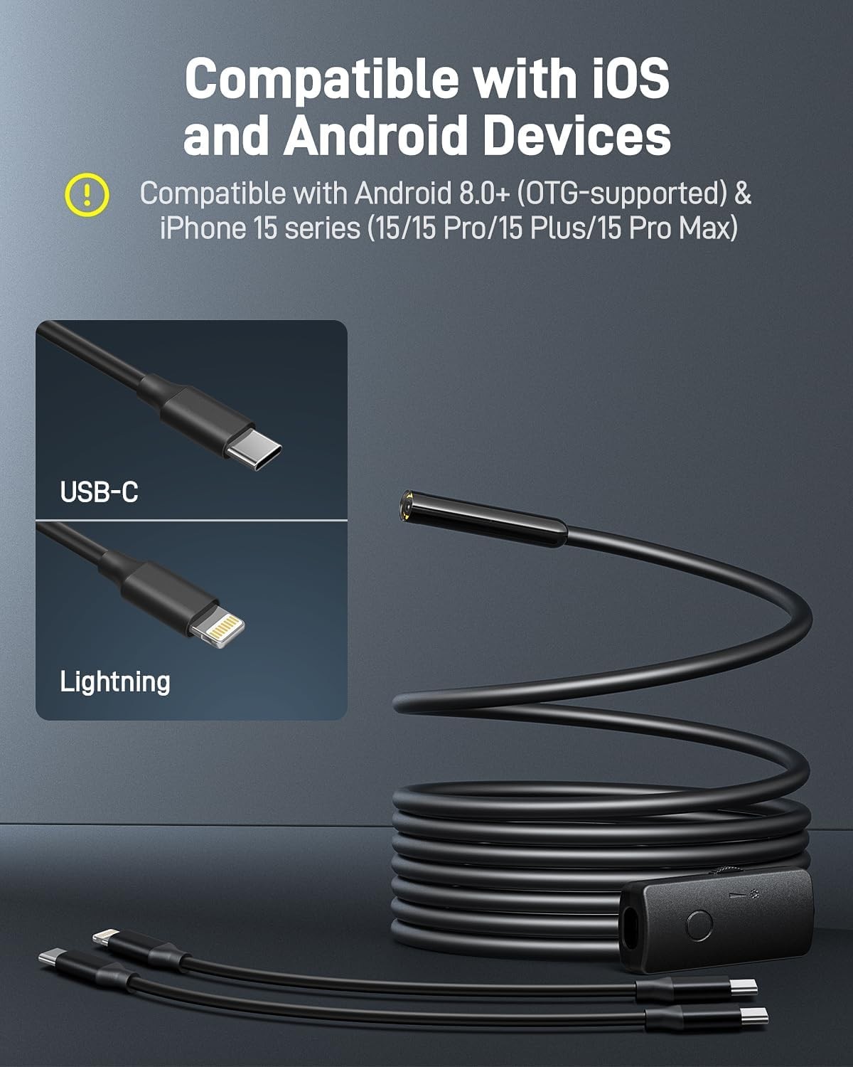 USB Endoscope Camera with 8 Adjustable LED Lights Fit for iPhone and Android