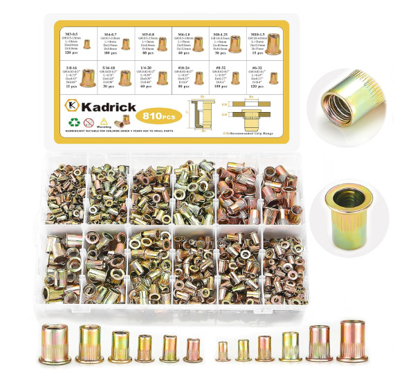 Set de 810 tuercas remachables SAE/Métricas #6-32 a M10, cabeza plana, acero gal