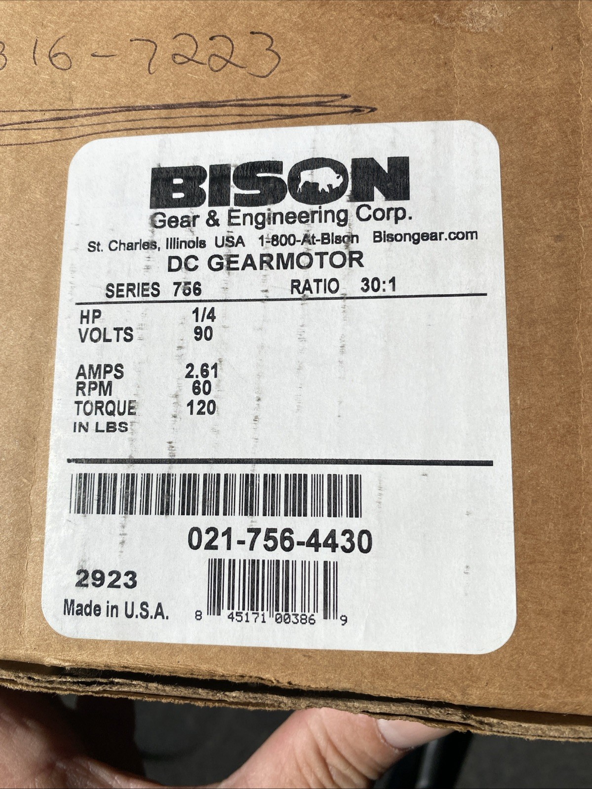Bison DC Gearmotor 021-756-4430 90VDC 1/4 HP 60 RPM 30:1 Torque 120 New