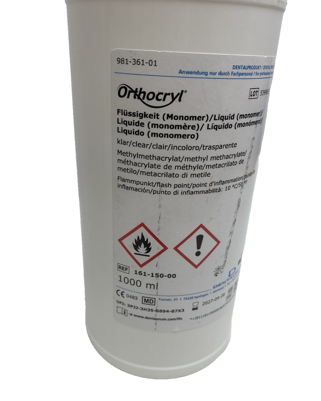 161-150-00 Orthocryl Liquid Monomer 1000ml Clear Acrylic Resin