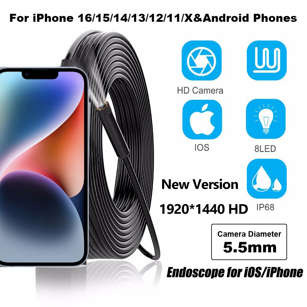 5.5mm For iOS iPhone 17/16/15/14/13 iPad Android Phone Endoscope Inspect Camera