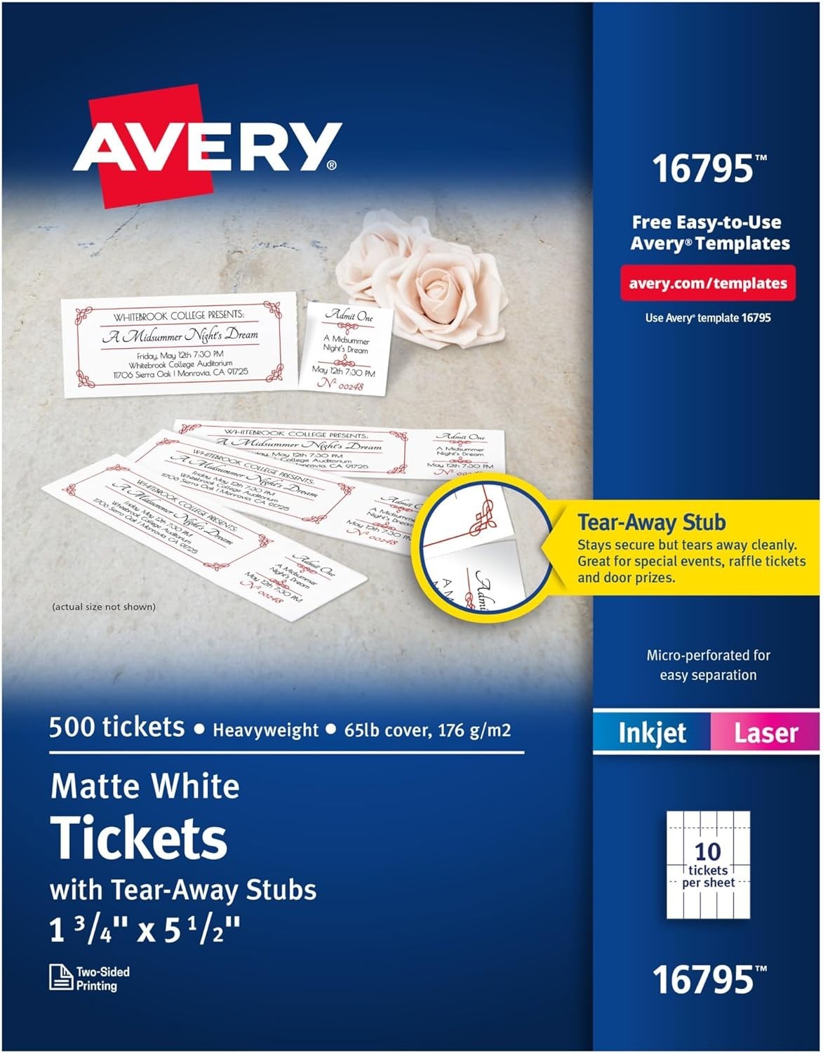 AVERY Printable Tickets w/Tear-Away Stubs White 10-up 50-sheets 500/PK